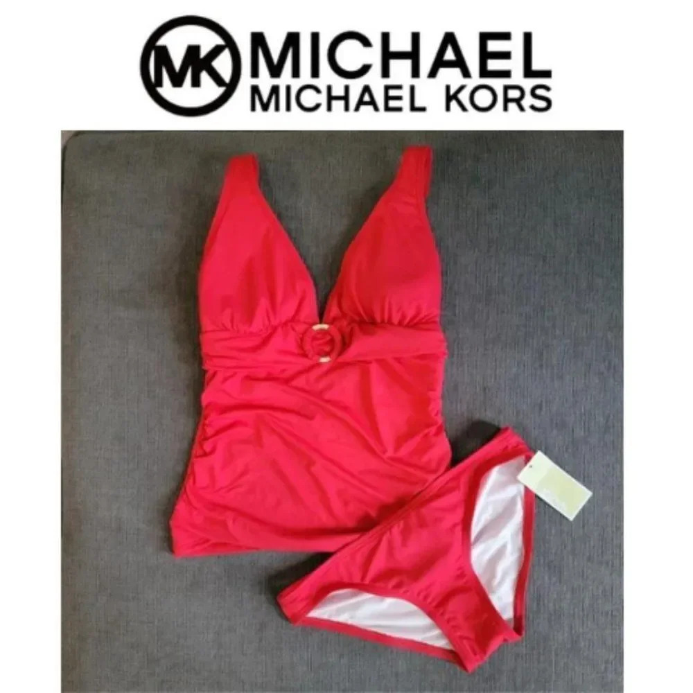 Micheal Kors Logo Ring Shirred Bandini Swim Top & Bikini Bottoms size sm…